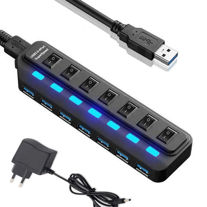 7-Port USB 3.0 Hub - High Speed 5Gbps Splitter with Power Switch & Long Cable for Multiple Device Expansion