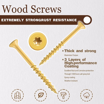 250-Piece T25 Yellow Wood Screws - #8 x 1.5-Inch Star Drive Self-Tapping Screws for DIY, Decks, Fences & Furniture