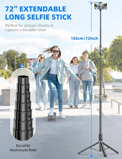 Selfieshow Wireless Selfie Stick – 72 Inch Portable Aluminum Alloy Tripod with Bluetooth Remote for iOS & Android Phones