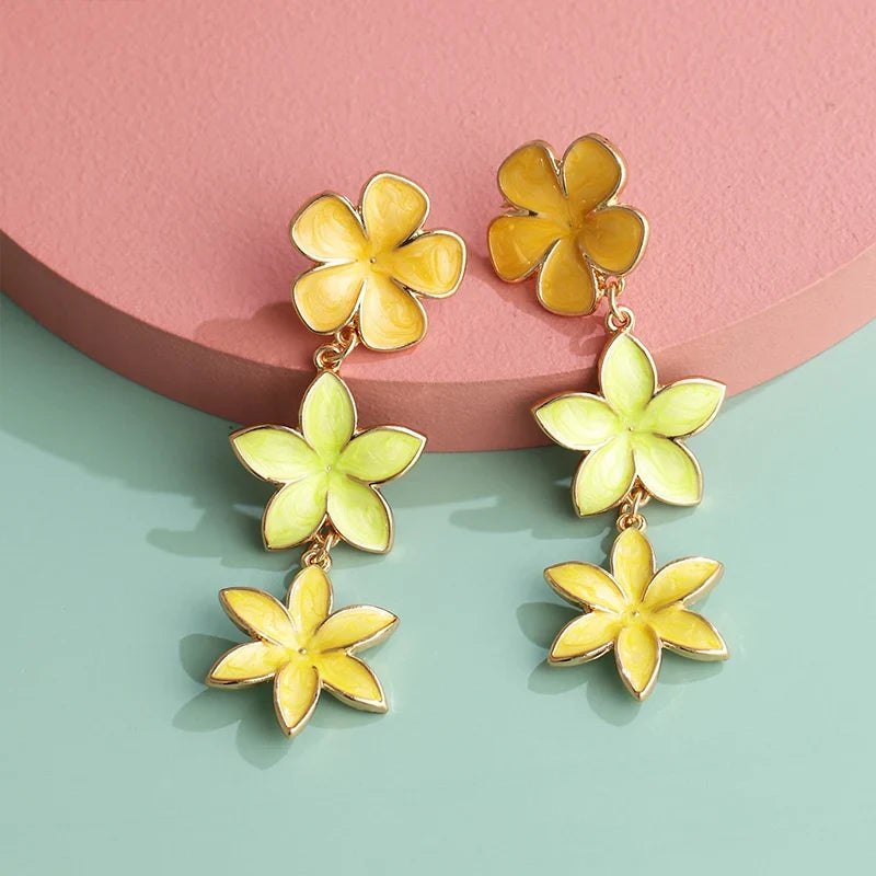 Long Flower Enamel Drop Earrings - Colorful Metal Petal Dangle Party Jewelry for Women