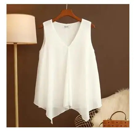Women's Chiffon V Neck Blouse - Loose Sleeveless Plus Size Fashion Top M-5XL