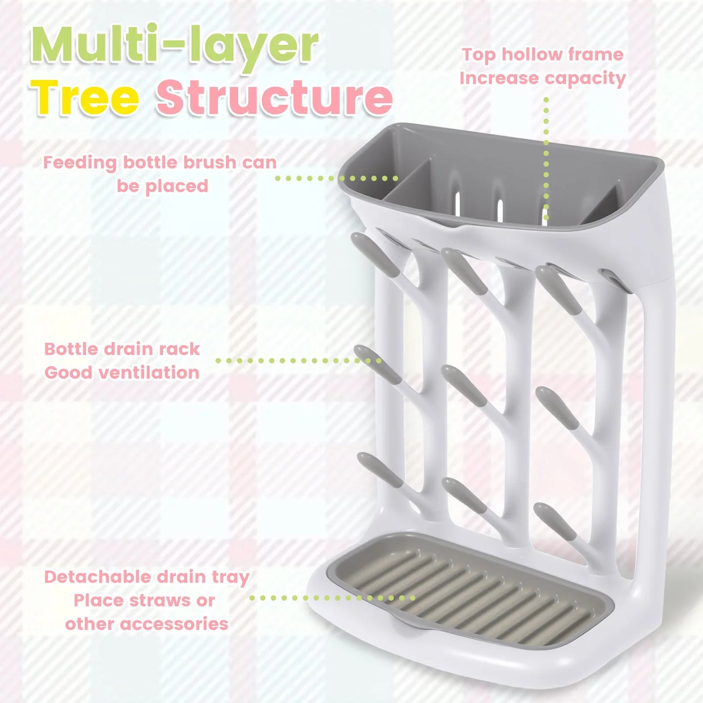 Baby Bottle Drying Rack - Space-Saving Countertop Holder with Detachable Tray Organizer