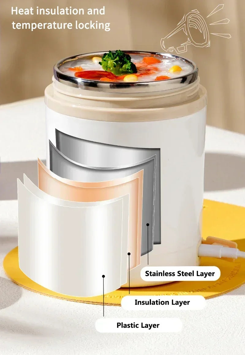 600ML USB Electric Heating Lunch Box — Portable Stainless Steel Food Warmer for Picnic, Milk, and Drinks (5V/12V/24V)
