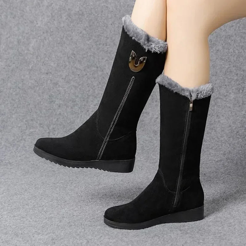 Warm Chelsea High Fur Boots for Women – 2025 Winter Chunky Mid-Calf Plush Snow Boots with ZIP, Fashion Botas De Mujer