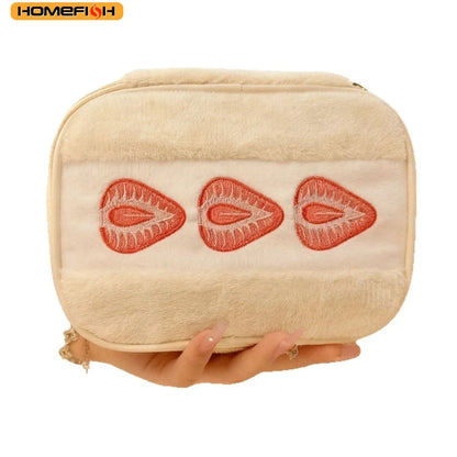 HOMEFISH Strawberry Plush Makeup Bag - Cute Embroidered Multi-Function Cosmetic Storage Pouch for Women