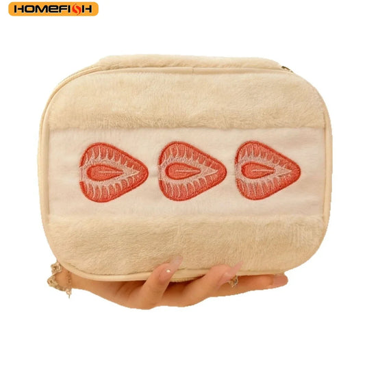 HOMEFISH Strawberry Plush Makeup Bag - Cute Embroidered Multi-Function Cosmetic Storage Pouch for Women