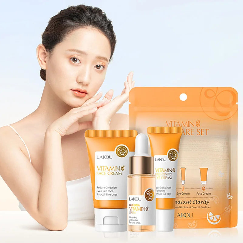 LAIKOU 3pcs Vitamin C & 24K Gold Sakura Skincare Set — Moisturizing Face Cream, Serum & Eye Cream, Anti-Wrinkle Face Care Kit