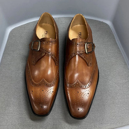 Men’s Luxury Genuine Leather Wingtip Oxfords - Italian Monk Strap Buckle Brogue Shoes for Business & Wedding Formal Wear