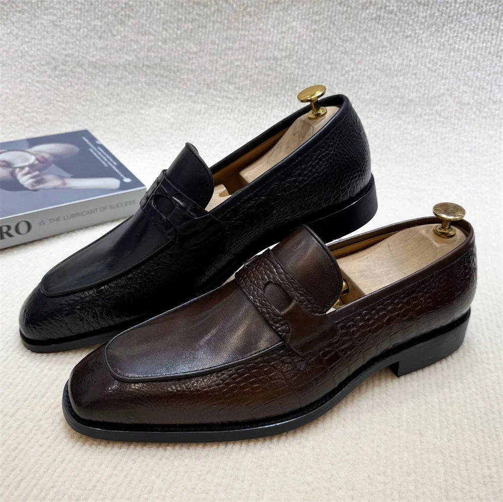 Luxury Men's Crocodile Print Leather Loafers - Double Buckle Business & Wedding Dress Shoes