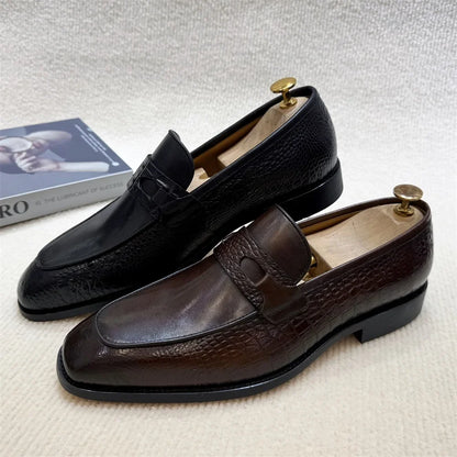 Luxury Men's Crocodile Print Leather Loafers - Double Buckle Business & Wedding Dress Shoes