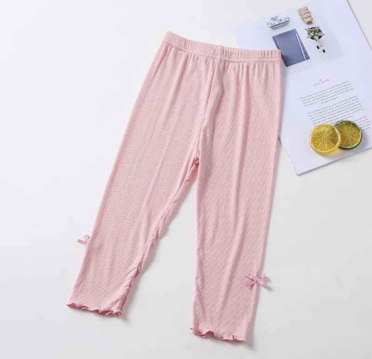 Girls Summer Bow Leggings - Solid Color Elastic Waist 7/8 Length Breathable Kids Pants 3-10Y