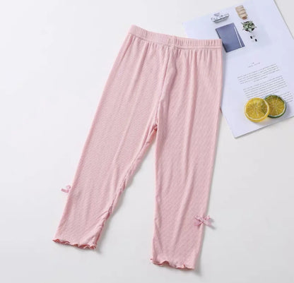 Girls Summer Bow Leggings - Solid Color Elastic Waist 7/8 Length Breathable Kids Pants 3-10Y