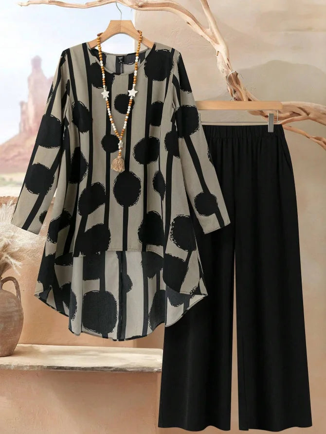 Plus Size 2 Piece Outfit Set - Floral Long Sleeve Blouse and Wide Leg Pants Casual Women's Suit
