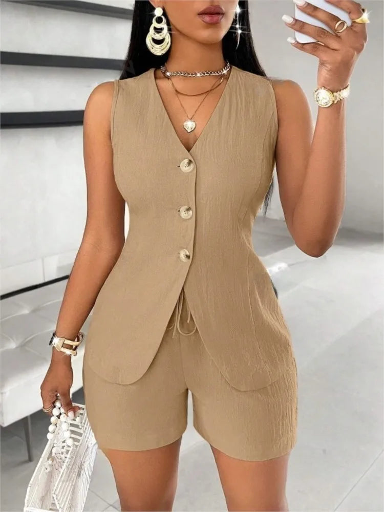 2025 Women’s 2-Piece Summer Outfit Set – Elegant Solid Color Button Top & Shorts Suit for Casual, Office & Holiday Wear