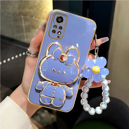 Mirror Rabbit Flower Strap Case for Xiaomi Redmi Note 11 / 12 / 10 / 9 Series – Pro Max Stand Phone Cover with Decorative Strap & Protective Design