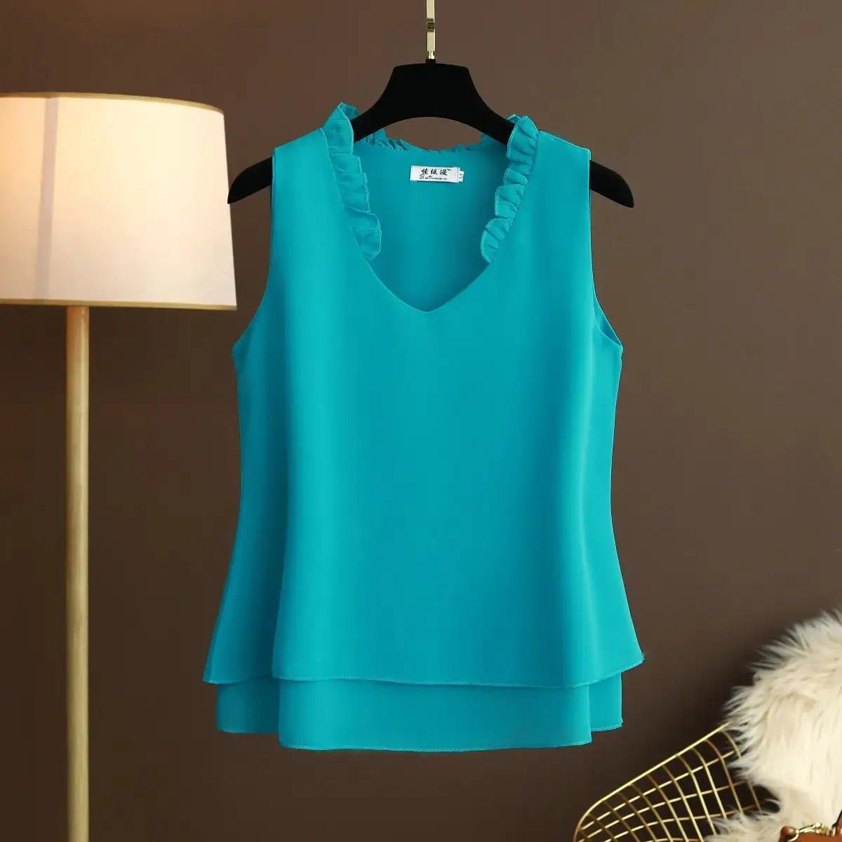 Women's Chiffon V Neck Blouse - Loose Sleeveless Plus Size Fashion Top M-5XL