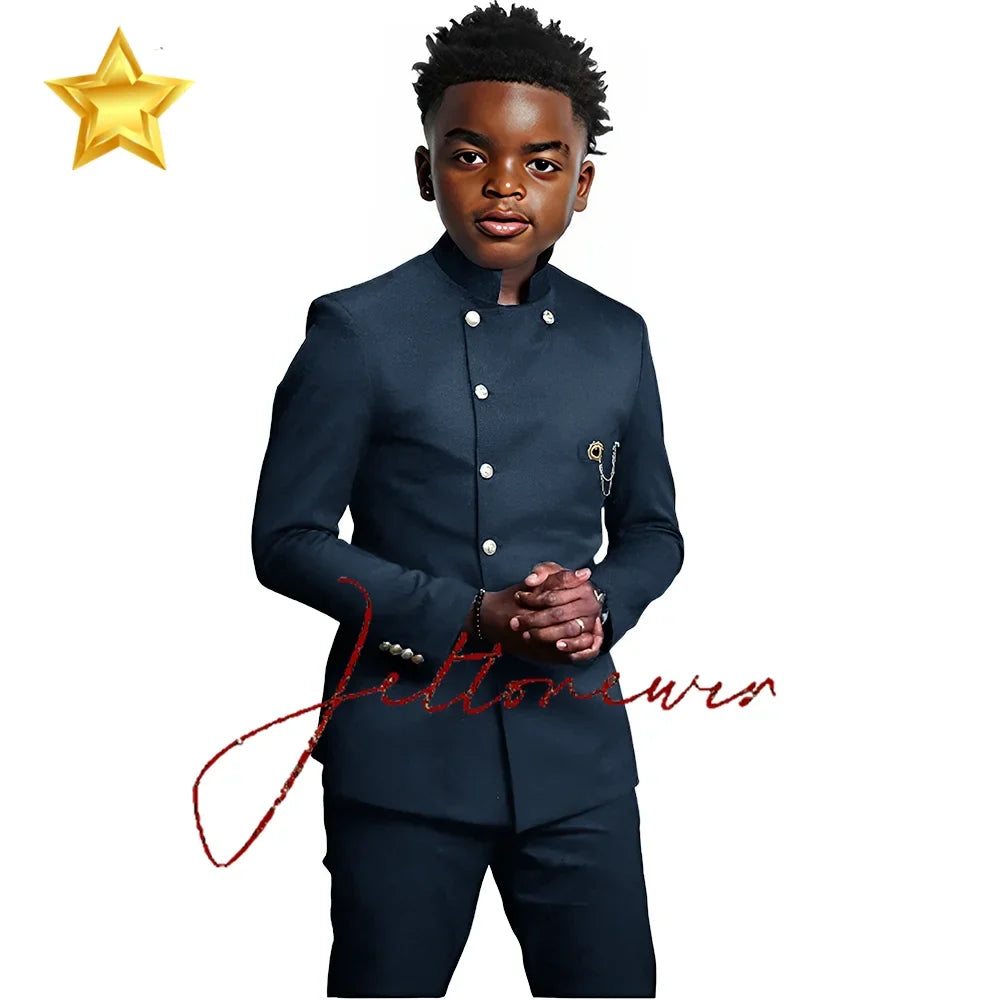 African Style Boys Suit - Stand Collar Blazer and Pants 2 Piece Casual Business Kids Formal Wear