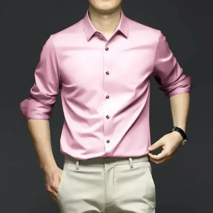 Men’s Luxury White Dress Shirt - Wrinkle-Resistant Ice Silk Glossy Long Sleeve Business Casual Shirt S-6XL