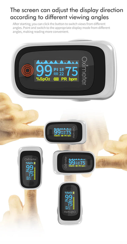 KIUZOU Finger Pulse Oximeter – SPO2, PR, PI, RR Blood Oxygen Saturation and Heart Rate Monitor with OLED Display