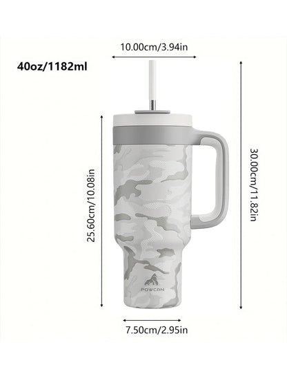Powcan 40oz Stainless Steel Tumbler with Handle & Straw – Camouflage Prints, Leak-Proof Vacuum Travel Mug for Outdoors