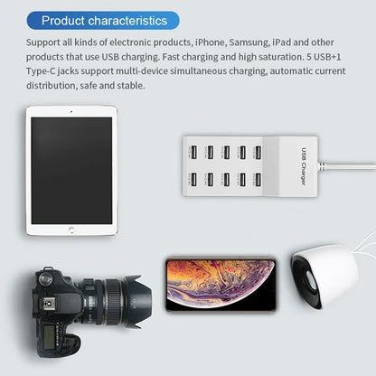 10-Port USB Charging Hub - 5V High-Speed Desktop Charger Strip for Home, Office & Travel