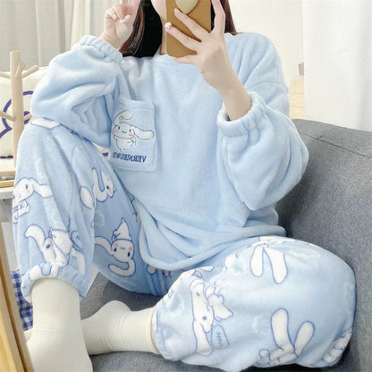 Sanrio Anime Flannel Pajamas - Cinnamoroll, Kuromi, My Melody Coral Velvet Pullover - Winter Warm Homewear for Girls