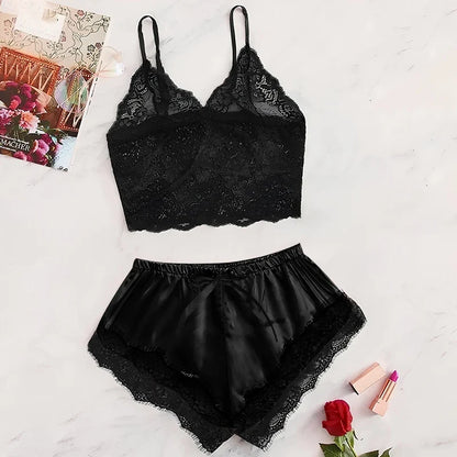 Women's Lace Pajama Set - Sexy See-Through Camisole & Shorts Sleepwear for Summer Comfort