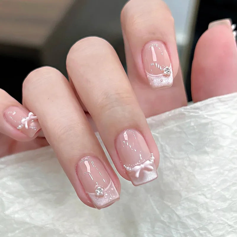 24PCS Short Press On Nails - Shimmer Ballet French Full Cover Artificial Nail Tips for Daily Manicure Style