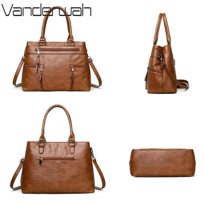 Women's Leather Handbag - Elegant Top-Handle Shoulder Crossbody Bag with Large Casual Tote Design