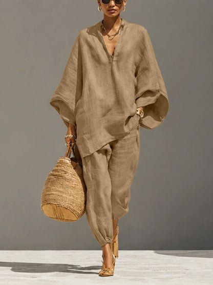Women’s Linen Casual Set - Summer Loose Deep V-Neck Batwing Sleeve Nine-Piece Solid Color Outfit