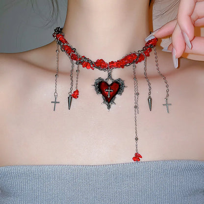 Goth Y2K Heart Cross Choker Necklace - Dark Red Stone Bead Punk Grunge Jewelry for Women Halloween Style