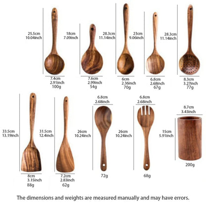 Wood Kitchenware Cooking Set – Household Spatula, Spoon, Fork & Salad Utensils with Storage Bucket