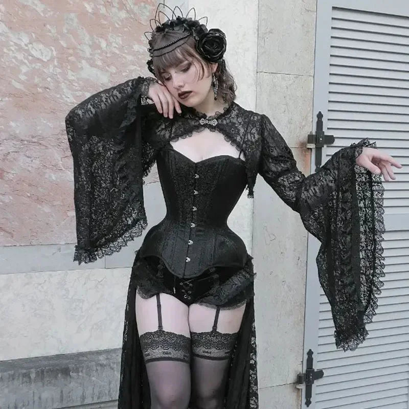 Lace Gothic See-Through Shrug Top – Black Flare Sleeve Crop Top, Vintage Punk Style for Women