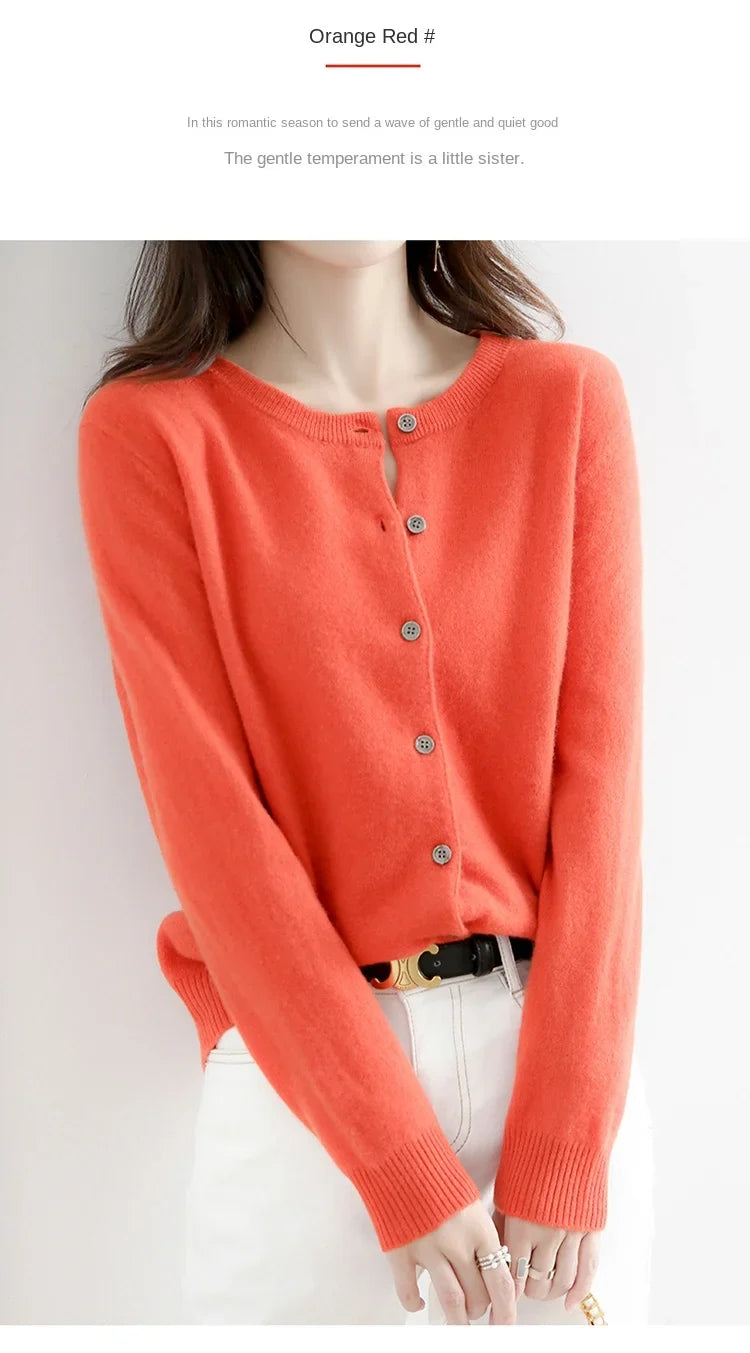 Women’s Solid Color Knit Cardigan - Spring Autumn Round Neck Worsted Sweater ZD-021