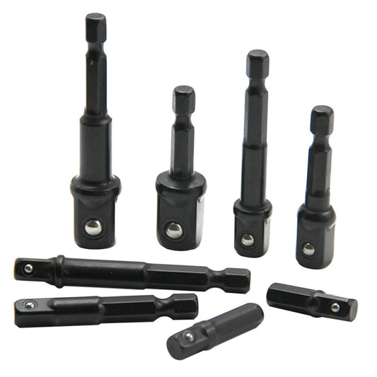 8pc Electric Screwdriver Adapter Set – 1/2'' Hex, 3/8'' Square, 1/4'' Extension Rod Tool Accessories