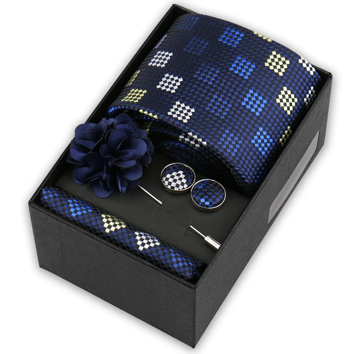 Men’s 4-Piece Tie Set Gift Box - Elegant Necktie with Handkerchief, Cufflinks & Brooch for Business, Wedding & Suit Accessories