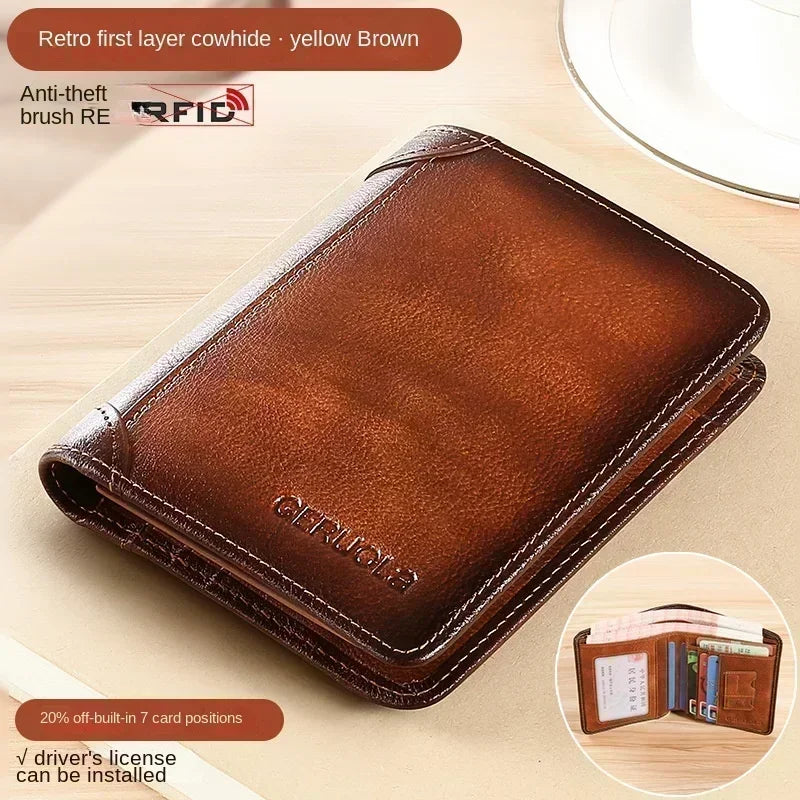Genuine Leather Men’s RFID Blocking Trifold Wallet – Vintage Thin Short Multi-Function Card Holder ID Window Male Purse Money Wallet