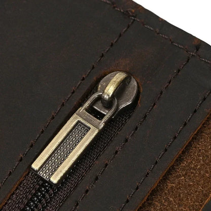 Men’s Genuine Leather Short Wallet with Chain – Trifold Zipper Clutch, Card Holder & Coin Purse