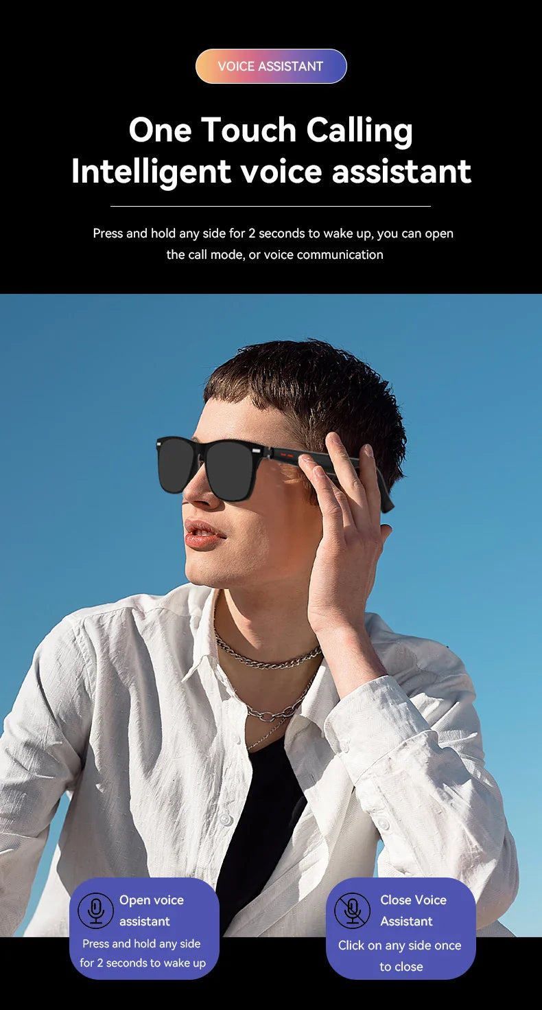 Smart Bluetooth Sunglasses for Men — Touch Control, Music & Calls, Remote Camera, Stereo Mic, AI Voice Assistant for Android & iOS
