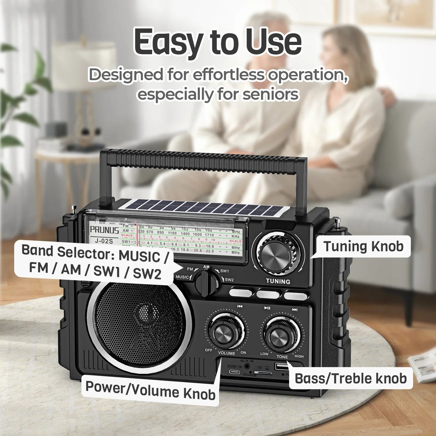 J-02S Portable AM/FM/SW Radio – Dual Antenna Solar Rechargeable 1800mAh Battery, Bluetooth Music Player for Outdoor Emergency Use