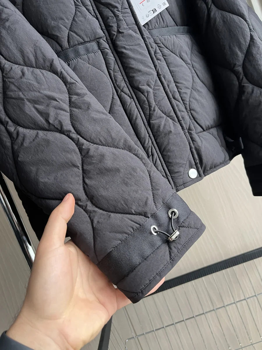 2024 ETJ Quilted Women's Coat – Beige Drawstring High Neck Jacket with Ties & Pockets