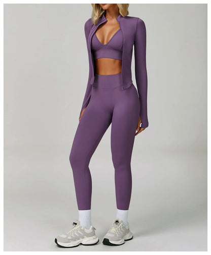 2/3PCS Women’s Seamless Yoga & Gym Set – Push-Up Sports Bra, Long Sleeve Jacket & Workout Leggings