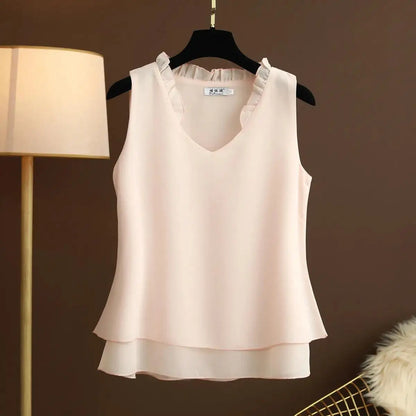 Women's Chiffon V Neck Blouse - Loose Sleeveless Plus Size Fashion Top M-5XL