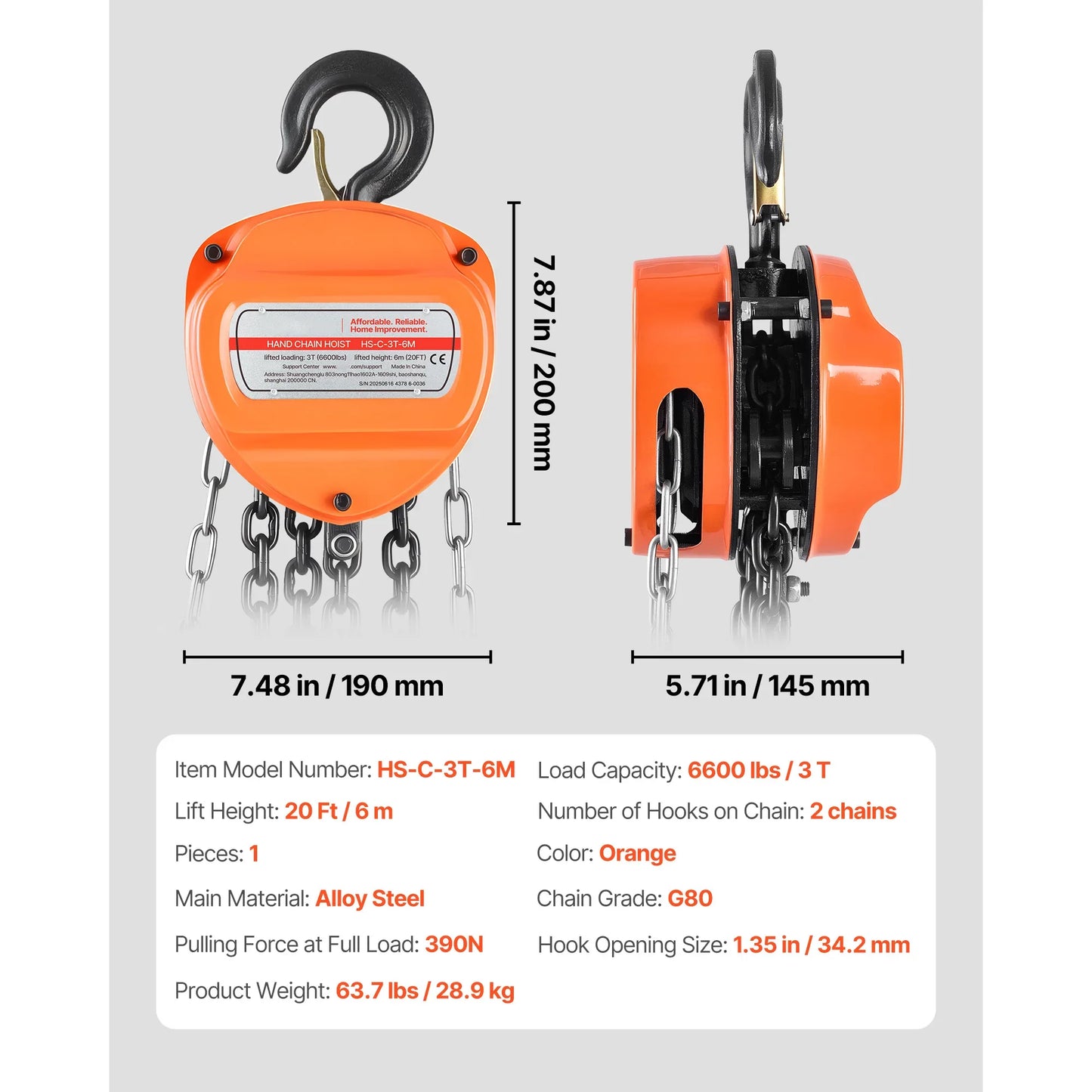 SucceBuy Manual Chain Hoist - G80 Galvanized Chain Block Pulley Hoist for Garage Lifting