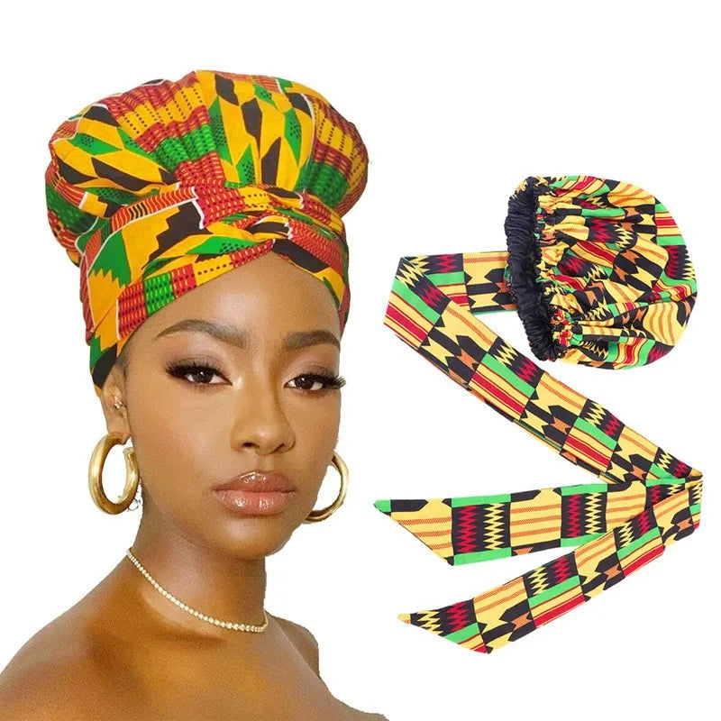 African Satin Lined Bonnet with Long Ribbon - Floral Ankara Print Head Wrap Turban Cap for Women