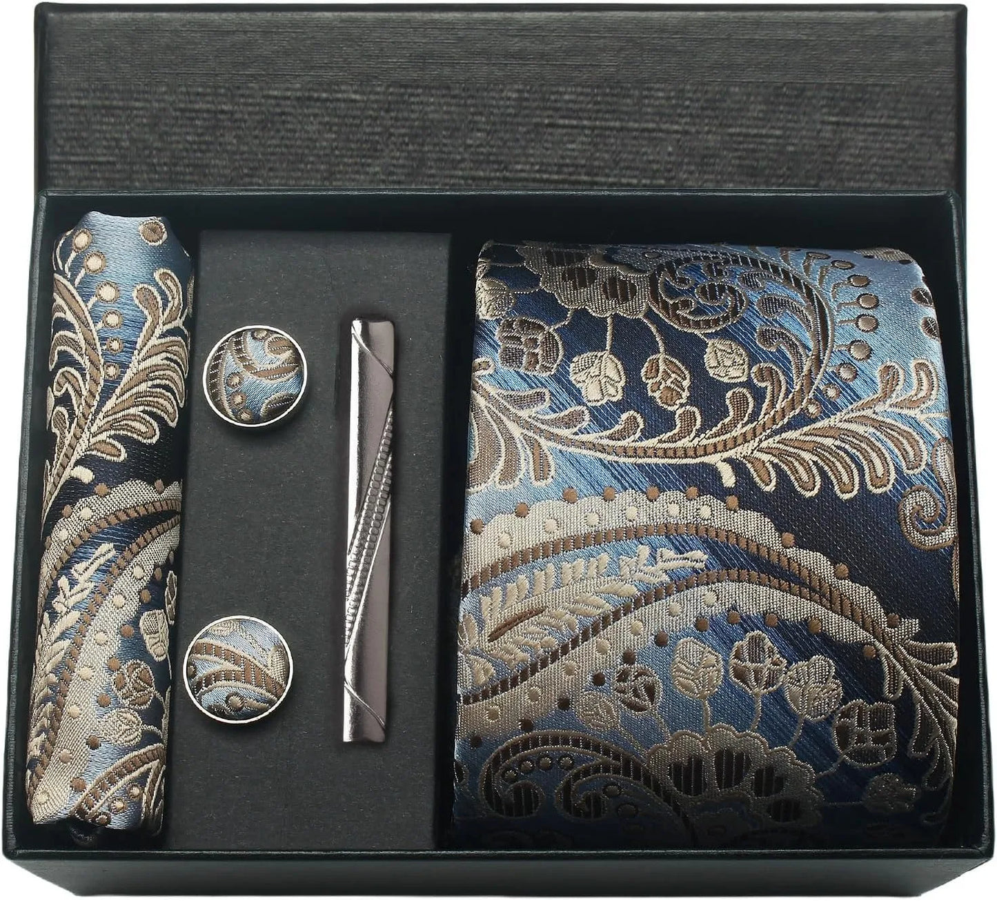 100% Silk Paisley Floral Necktie Set for Men - Premium Business Tie with Pocket Square Tie Clip Cufflinks Gift Box