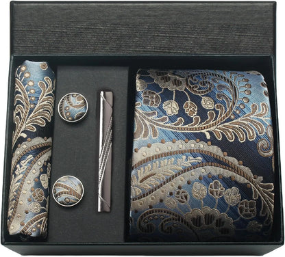 100% Silk Paisley Floral Necktie Set for Men - Premium Business Tie with Pocket Square Tie Clip Cufflinks Gift Box