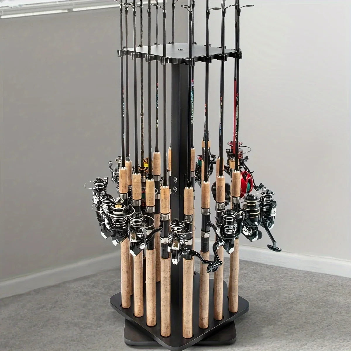 360° Rotating Fishing Rod Holder Rack - 16 Rod Floor Stand Organizer for Garage & Fishing Gear Storage