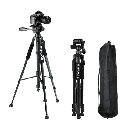 55" Aluminum Phone & Camera Tripod – 140CM Tall Travel Stand with Quick Release Plate & Pan Head for Canon Nikon DSLR SLR