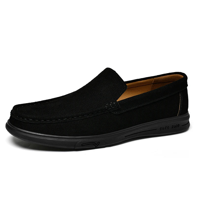 Men's Suede Leather Loafers - Black Slip-On Casual Driving & Business Shoes in Large Sizes